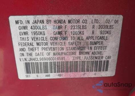 2006 Acura Tsx из США, поврежденный, VIN JH4CL96986C016581